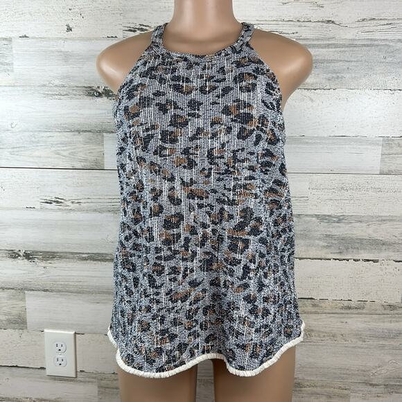 Anthropologie W5 Blue Leopard Print Halter Tank  Top Women’s Size Medium Fringe - Picture 2 of 12